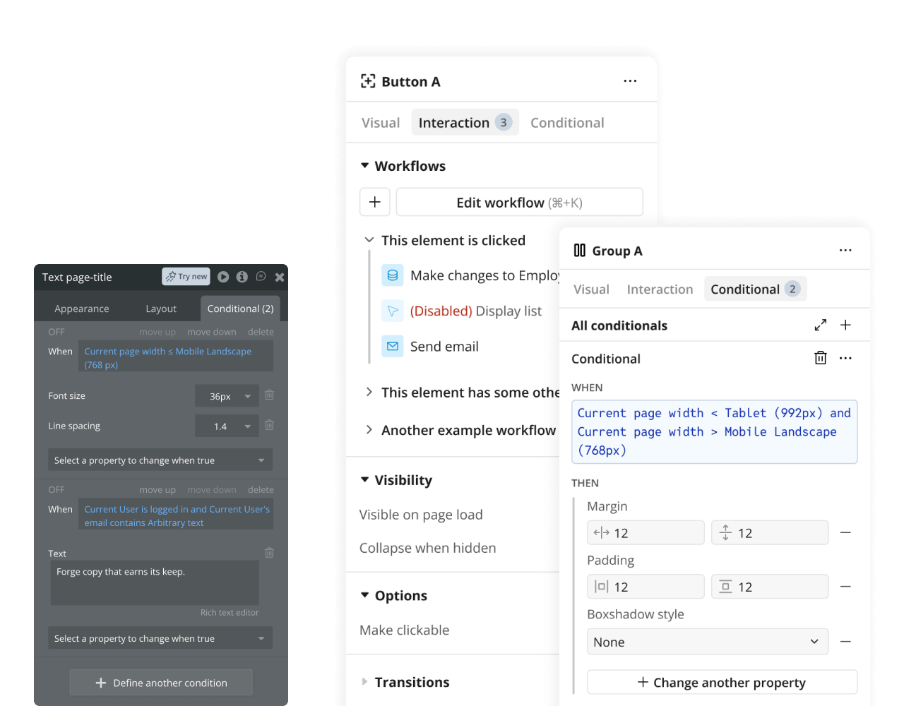 Mockups of Bubble property editor before and after a redesign